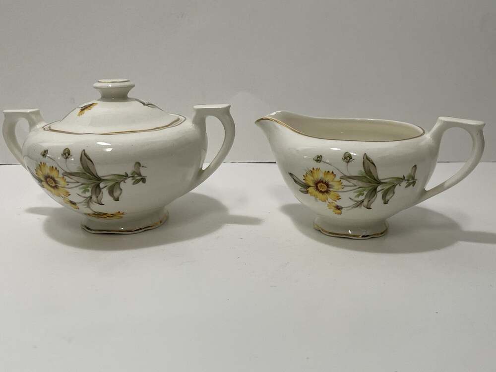 Vintage Canonsburg Autumn Mist Sugar And Creamer Set Yellow Daisy Gold Trim